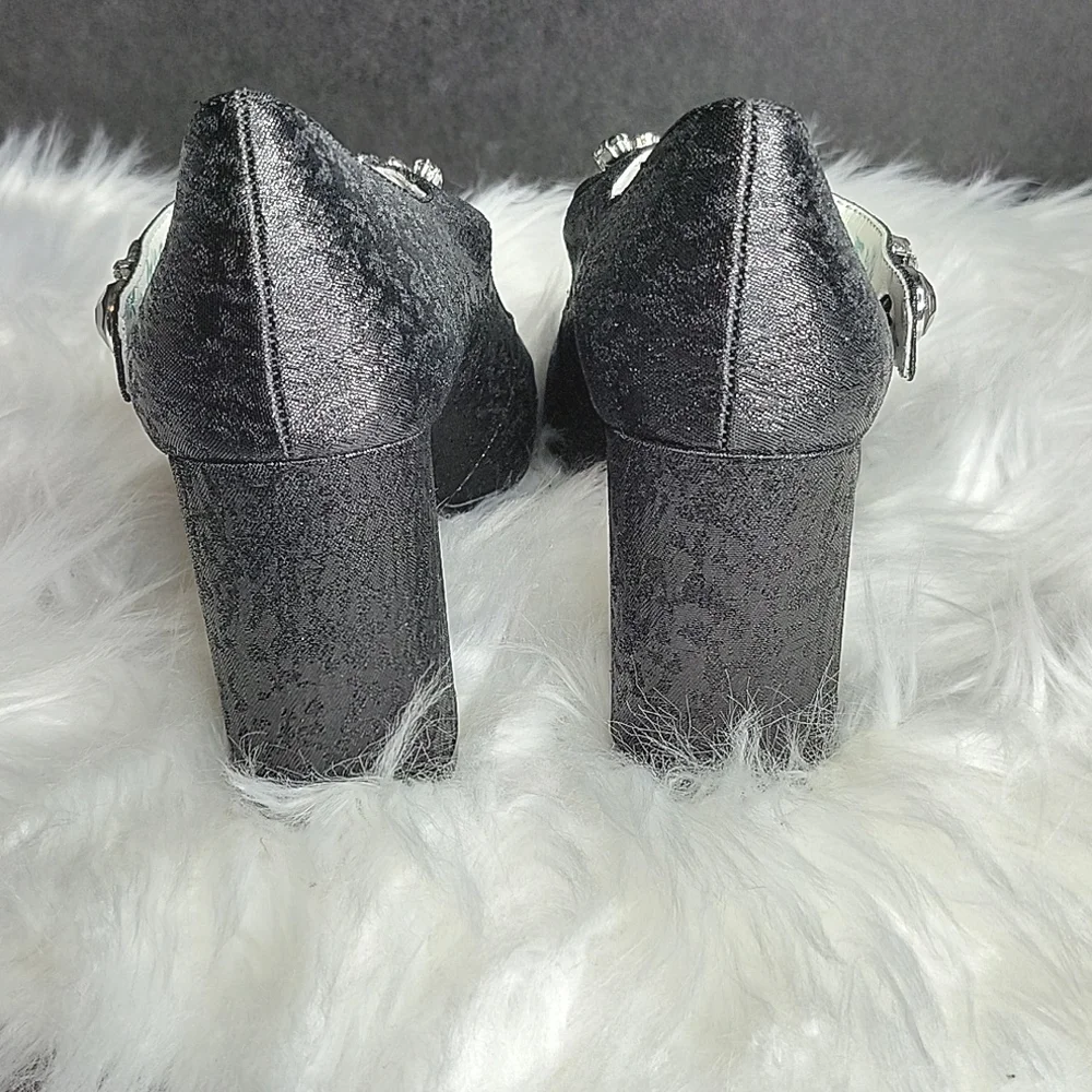 MARY JANE 1901 Shimmery Black‎ Brocade Heels Rhinestone Straps Size 5.5 M